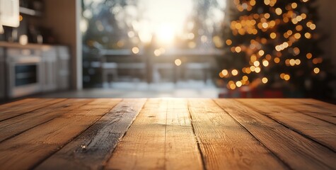 Festive kitchen backdrop with empty wooden table in foreground, Christmas tree and twinkling lights creating a warm, cozy atmosphere for holiday cooking and gatherings
