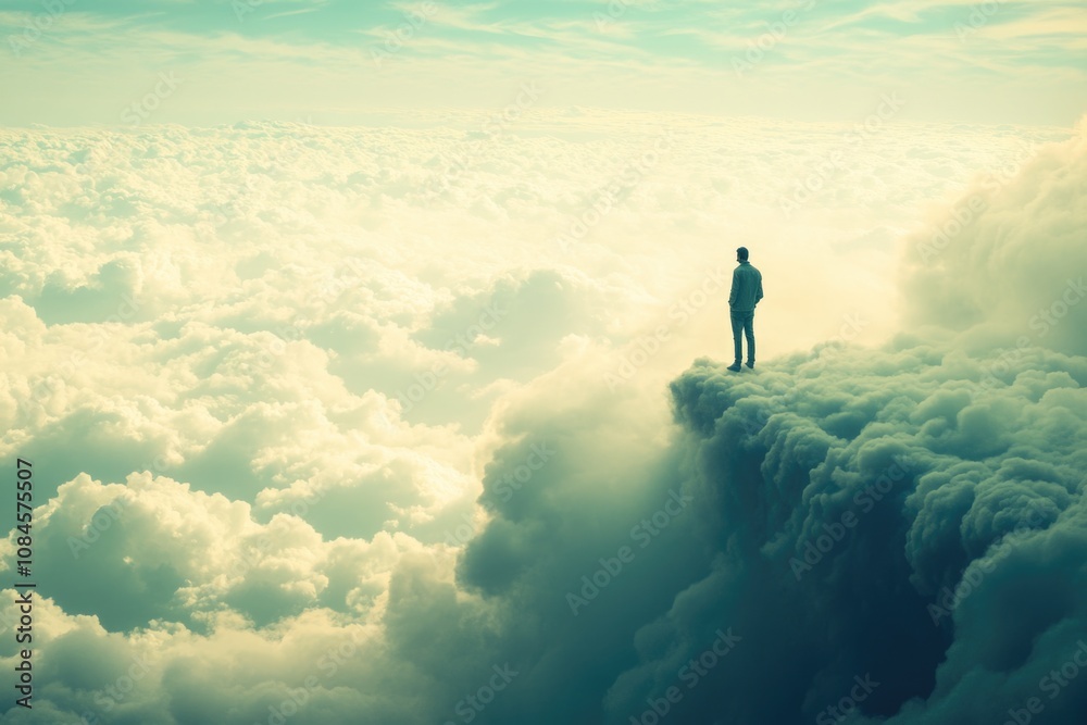 Poster a person standing on the edge of a cliff overlooking fluffy white clouds, great for backgrounds or s