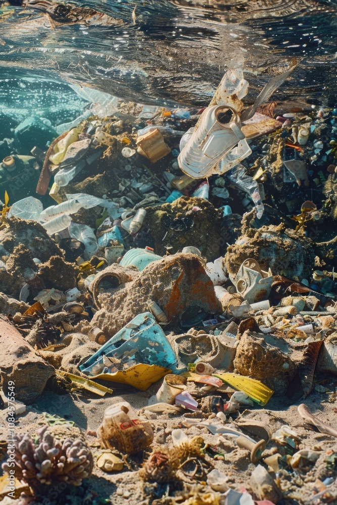 Poster a picture of trash and debris floating on the surface of a body of water