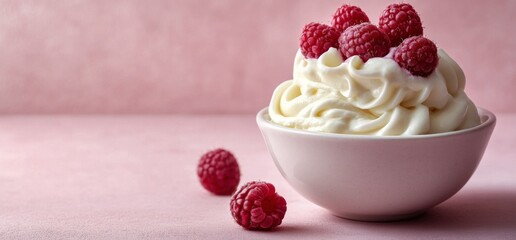 Whipped cream topped with fresh raspberries served in a bowl on a pastel pink surface