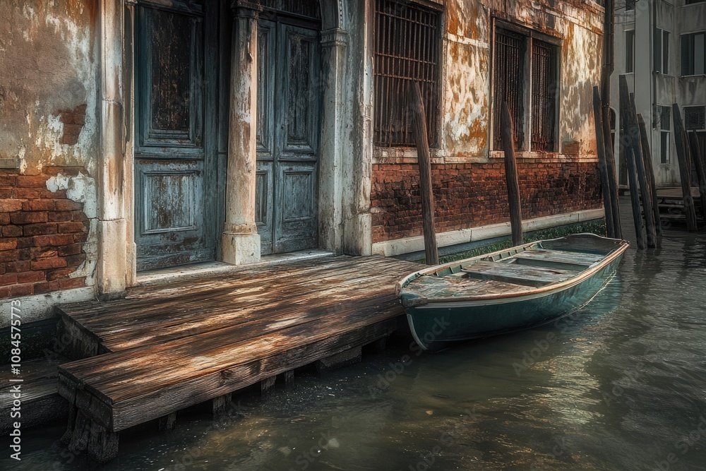 Poster a boat sits on a dock next to a building, perfect for use in a scene about coastal living or as a ba