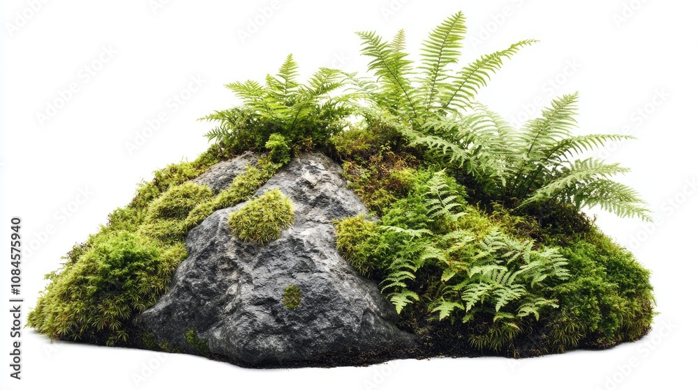 Poster a close-up shot of a rock covered in moss and ferns, isolated on a white background