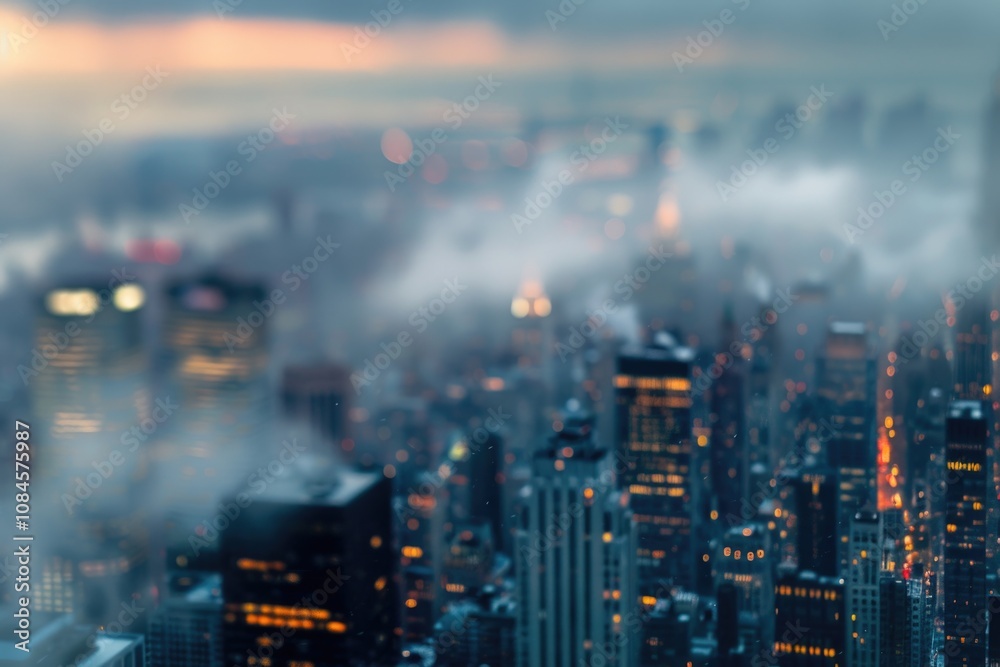 Poster view of the city from a high-rise building with various buildings and streets below, ideal for use i