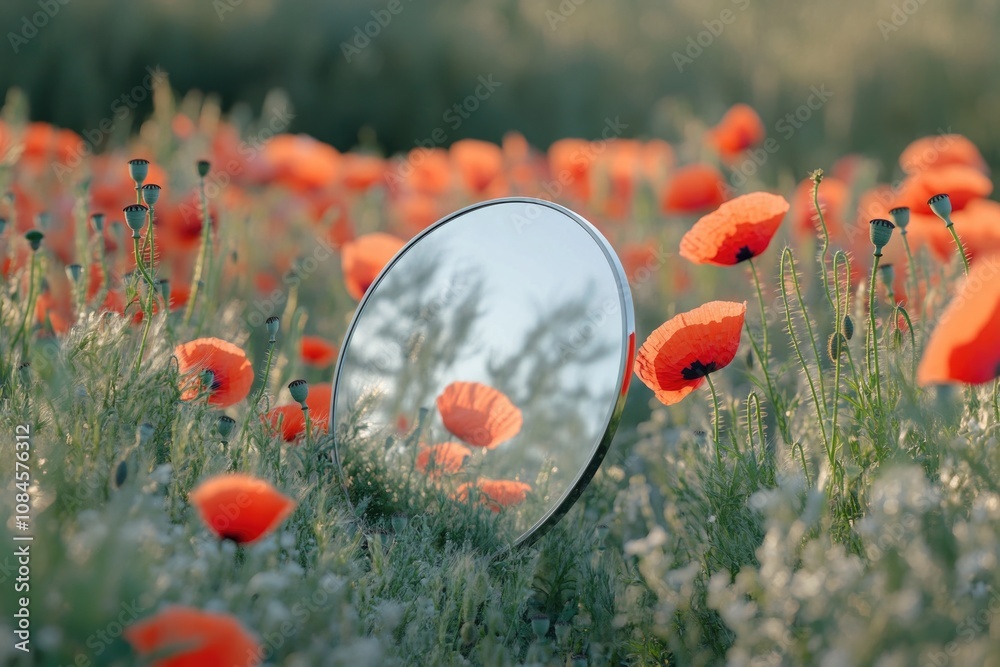 Poster a field of bright red poppies surrounded by lush greenery, with a reflective mirror in the center