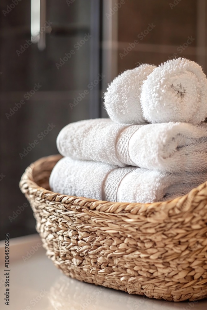 Poster a basket filled with towels sits on top of a counter, great for adding to interior design or bathroo
