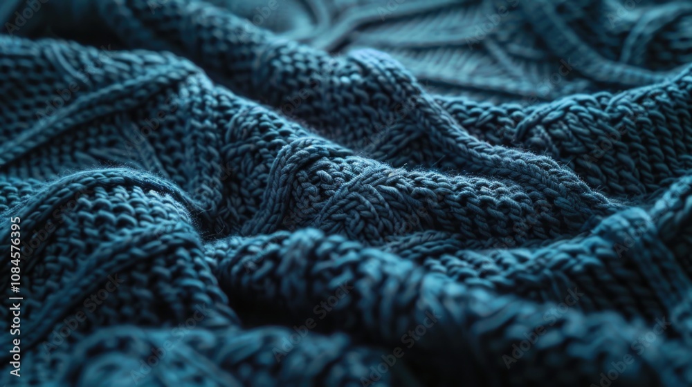 Poster a detailed view of a blue knitted blanket with intricate stitches and soft texture