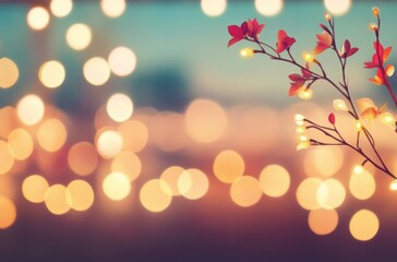 Beautiful outdoor setting with string lights and flowers during a warm evening