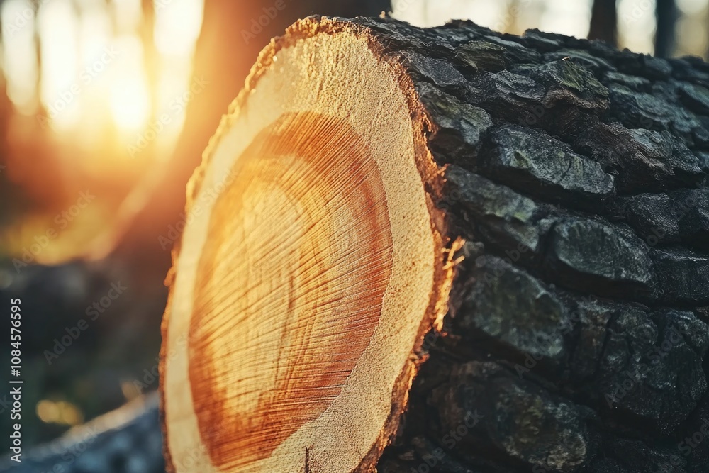 Aufkleber close-up shot of a tree trunk with sunlight shining through, suitable for use in nature-themed desig