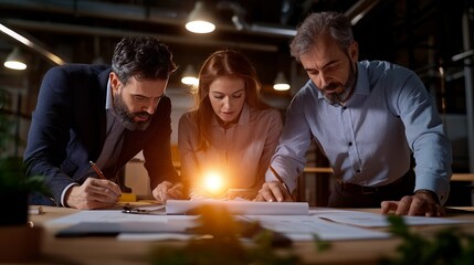Three professionals collaborating on a project, focusing on plans in a modern office setting.