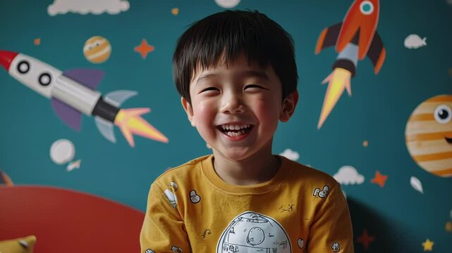 Happy child smiling in colorful room with rocket murals, enjoying playtime and laughter during afternoon activities at home