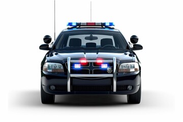 Front view of a police car with flashing lights, isolated on white background