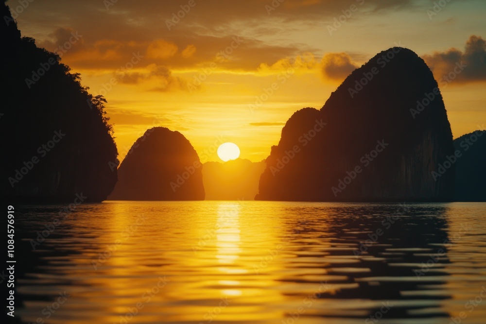 Poster panoramic view of a mountain range at sunset, featuring calm water in the foreground