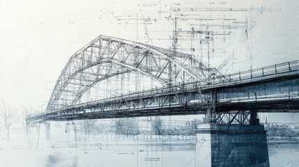 Architectural Blueprints of a Bridge with Detailed Technical Drawings and Engineering Imagery Representing Structural Design and Bridge Construction