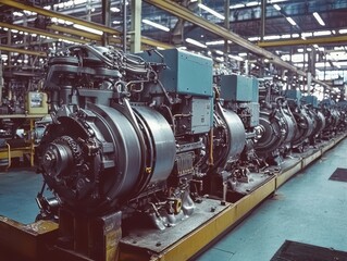 Industrial Manufacturing Facility Featuring Series of Large Engines on Assembly Line with Bright Lighting and Organized Layout Enhancing Work Efficiency and Productivity