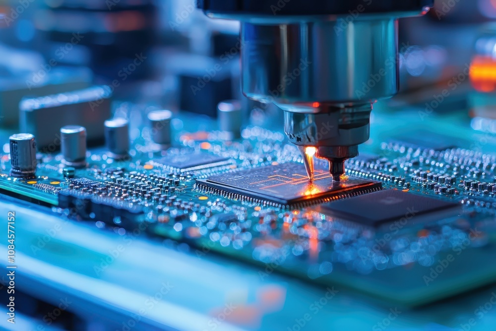 Poster close-up of a laser precision cutting process on a microchip during computer hardware manufacturing 