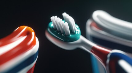 Close-up view of two toothbrushes with toothpaste on them, ideal for dental or oral care related content