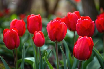 Naklejka premium A field of vibrant red tulips surrounded by lush green leaves
