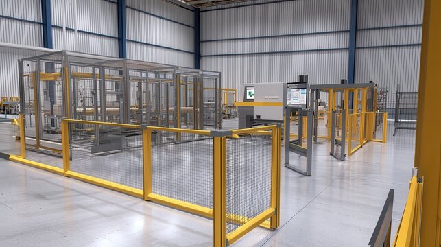 Modern Industrial Workspace Featuring Safety Barriers, Machinery, and Equipment in a High-Tech Factory Setting for Automation and Manufacturing Processes