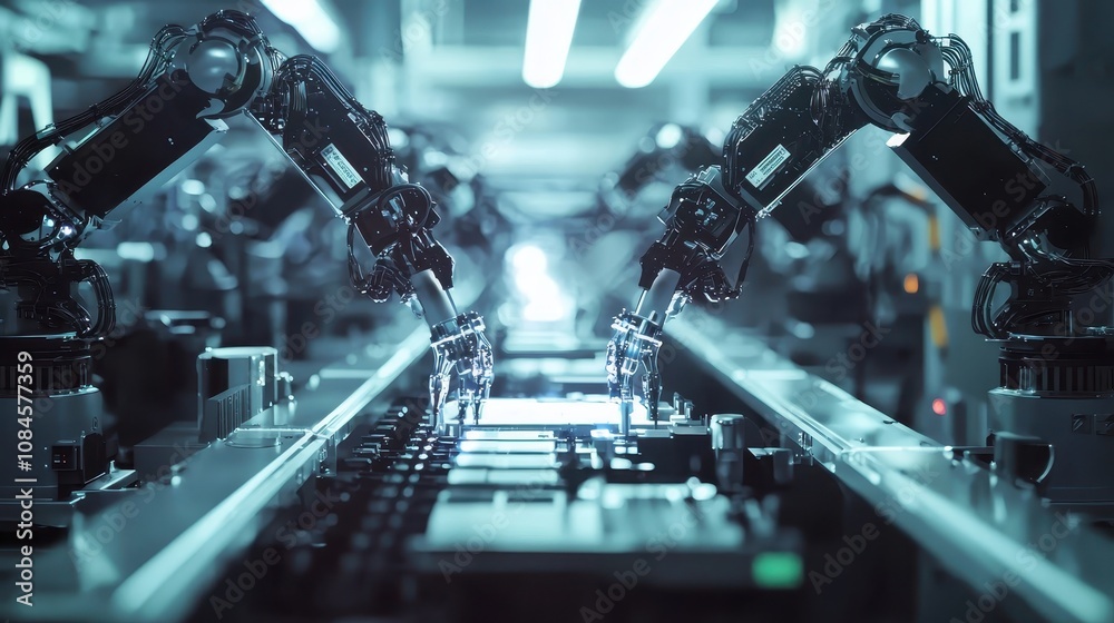 Poster advanced robotic arms in a high-tech manufacturing facility performing precision assembly of electro