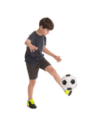 Fototapeta premium Boy with soccer ball playing football on white background