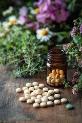 Herbal remedy preparation on a wooden table in a garden during daylight