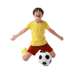 Fototapeta premium Emotional football player with soccer ball on white background