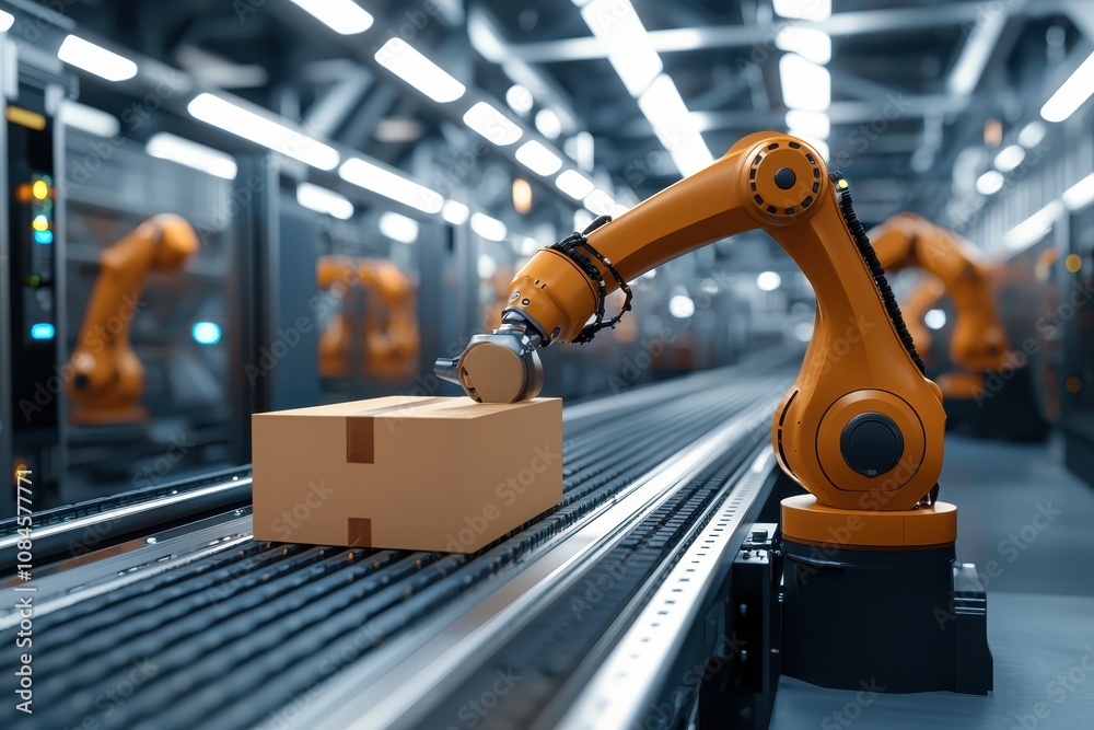 Poster advanced robotic arm handling cardboard box on conveyor belt in modern automated warehouse environme