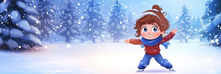 2D animated cartoon woman ice skating