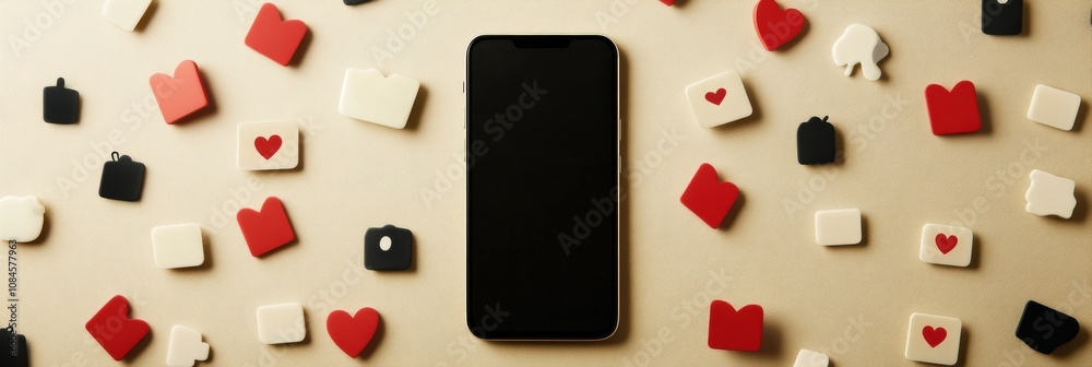 Poster a smartphone sits at the center, surrounded by colorful icons representing likes and comments, highl