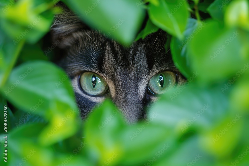 Poster close-up view of a curious cat looking out from a bush, with leaves and stems visible