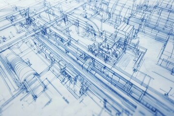Detailed Blueprint of Industrial Machinery and Equipment Layout, Showcasing Complex Engineering Designs and Infrastructure Planning in a Technologically Advanced Environment