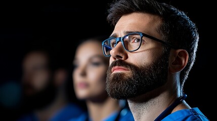 Obraz premium Male doctor with glasses and a beard, focused expression, wearing scrubs in a dark setting, embodying determination.