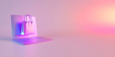 Neon modern banner with laptop and shopping bag. Online shopping cart on soft pink background. Cyber ​​Monday sale, Online stores and virtual shops. Template with copy space for holiday discounts