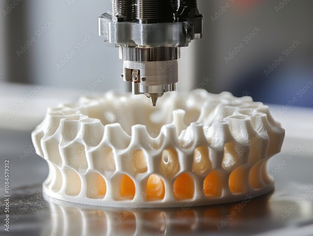 Poster advanced 3d printing process with precision nozzle creating intricate design for innovative manufact