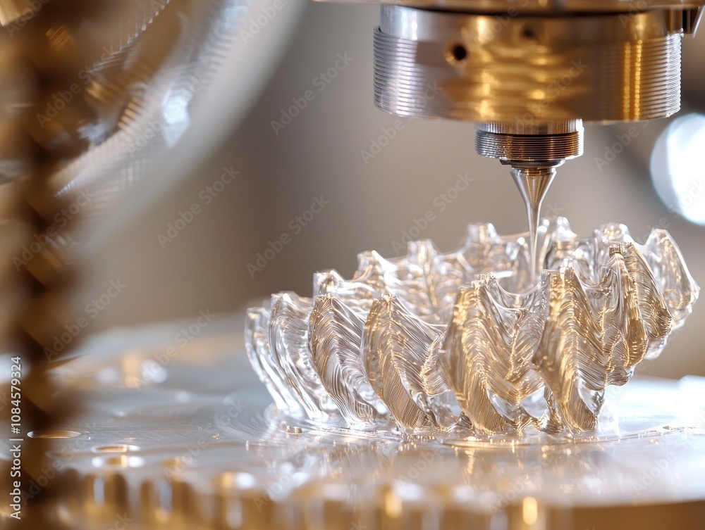 Poster close-up of a high-tech 3d printing process creating a detailed transparent object in a modern indus