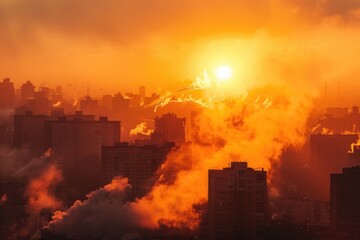 Obraz premium Smoke-filled sunset over a cityscape