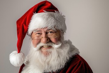 A person dressed as Santa Claus with glasses and a festive hat, suitable for holiday-themed projects