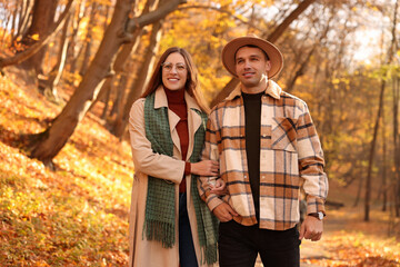 Happy couple spending time together in autumn park