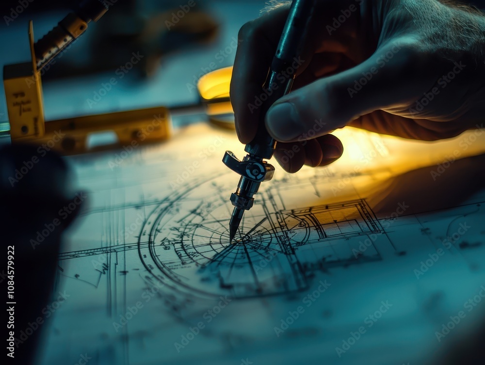 Poster close-up of a hand expertly using a mechanical pencil to draw intricate architectural blueprints on 