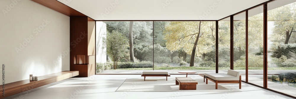 Poster a bright living room features large windows that offer views of greenery, complementing the minimali