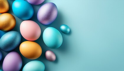 colorful easter eggs on a pastel blue background with copy space