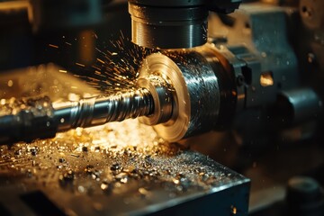 Precision machining process in action with a metal lathe creating sparks and shavings, showcasing the beauty of industrial craftsmanship in a workshop environment