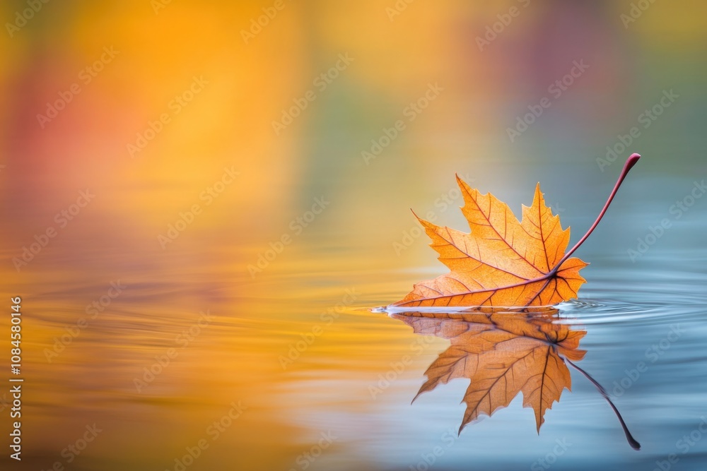 Poster a lone leaf floats on the surface of calm water, perfect for representing serenity or tranquility