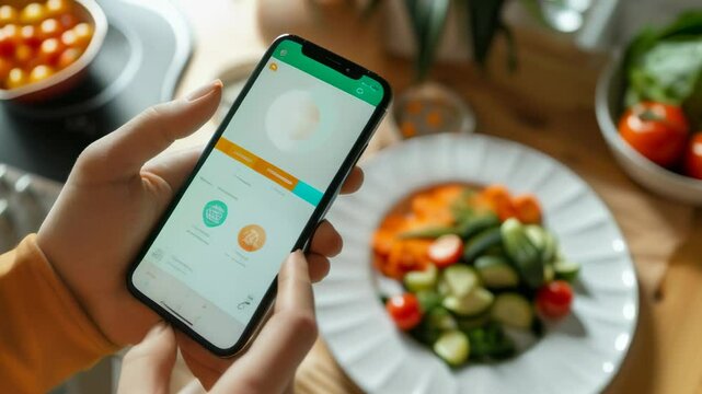 Woman using a smartphone app for healthy eating, calorie counting, and nutrition tracking while preparing a meal with fresh vegetables in her modern kitchen
