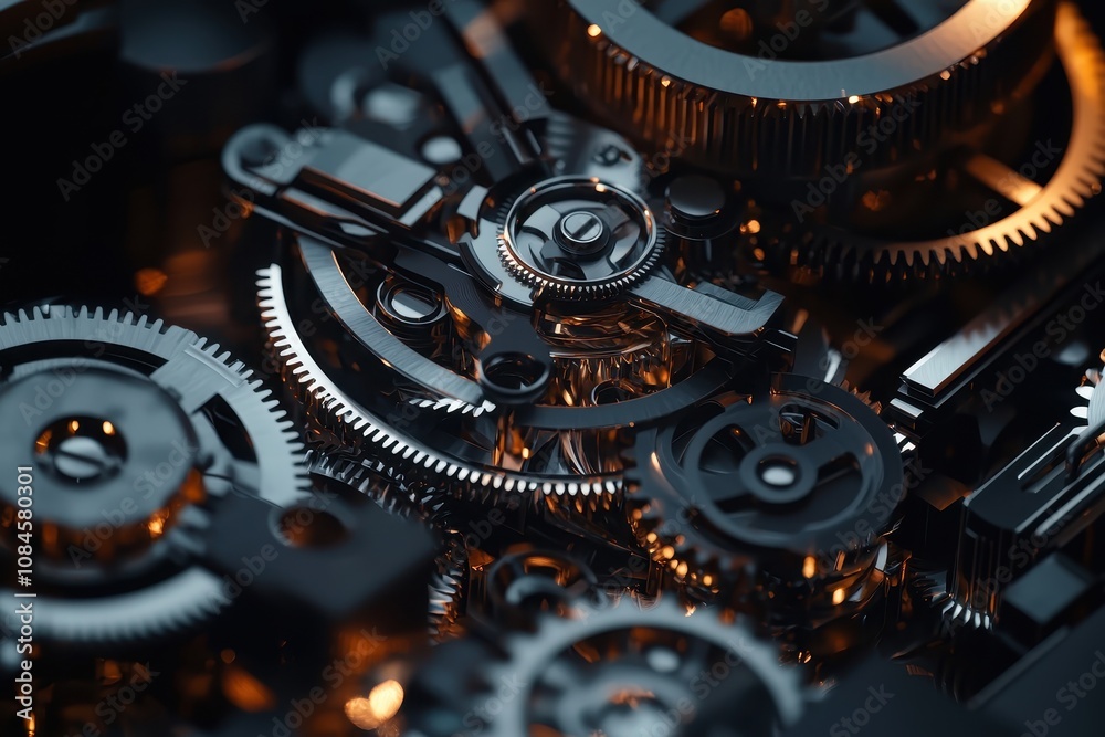 Poster intricate arrangement of metallic gears and cogs glimmering in soft light, showcasing precision engi