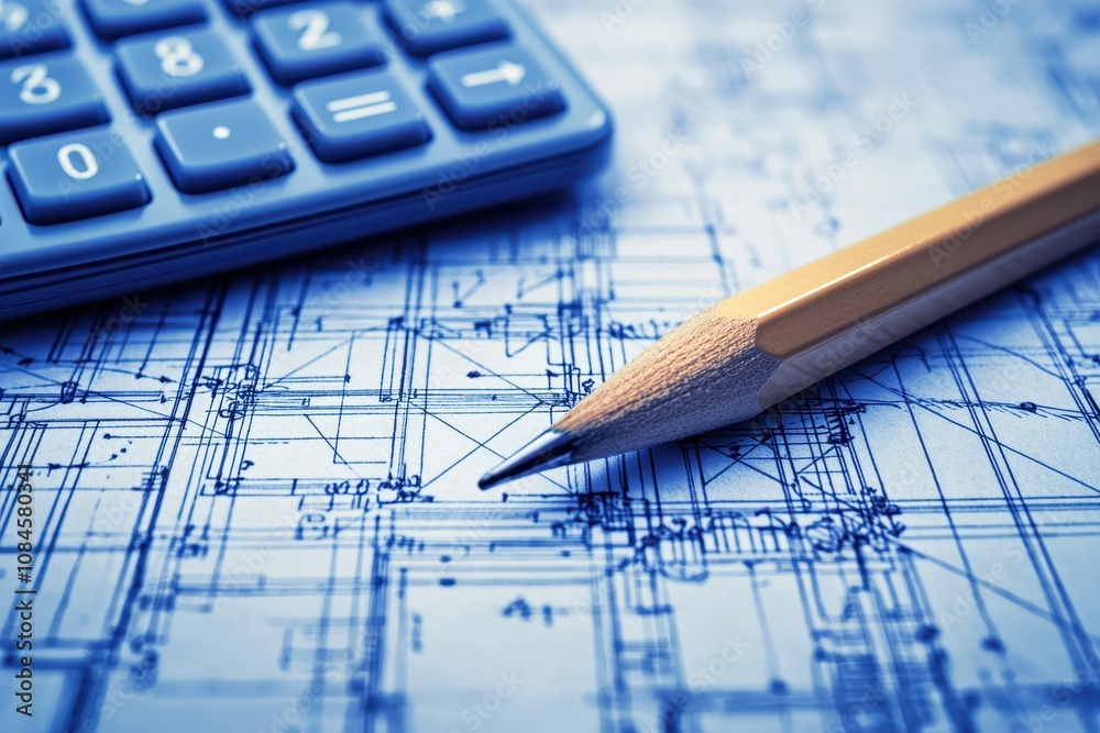 Poster close-up view of a calculator and pencil on technical blueprint illustrating architectural design co