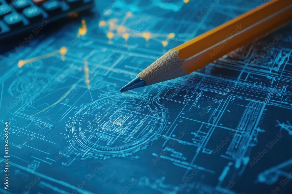 Poster blueprint background with pencil and calculator on technical drawings showcasing architectural desig