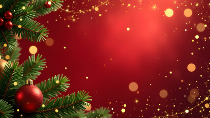 Christmas decorations border with fir branches and golden glitter confetti and sparkles of lights blur bokeh and red background