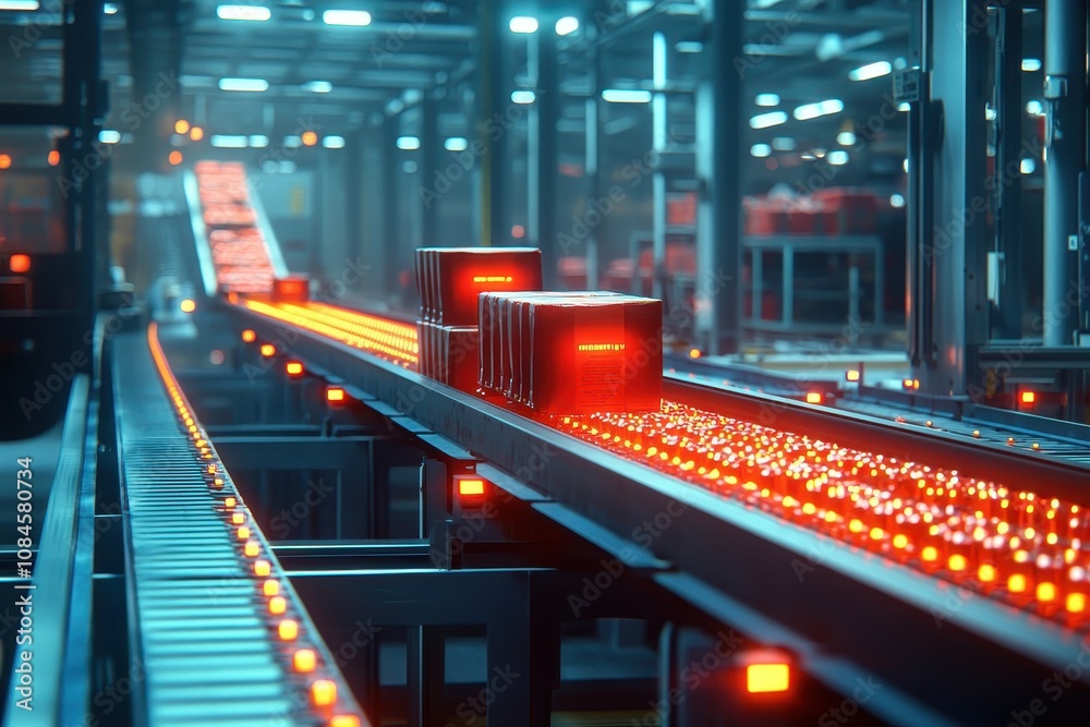 Poster futuristic warehouse with automated conveyor system and packages in motion, showcasing efficient log