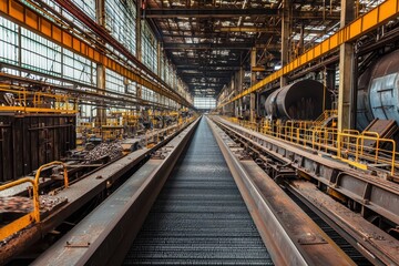 Industrial Warehouse Interior with Long Aisle and Machinery, Sunlight Streaming Through Windows, Highlighting Metal Tracks and Production Equipment